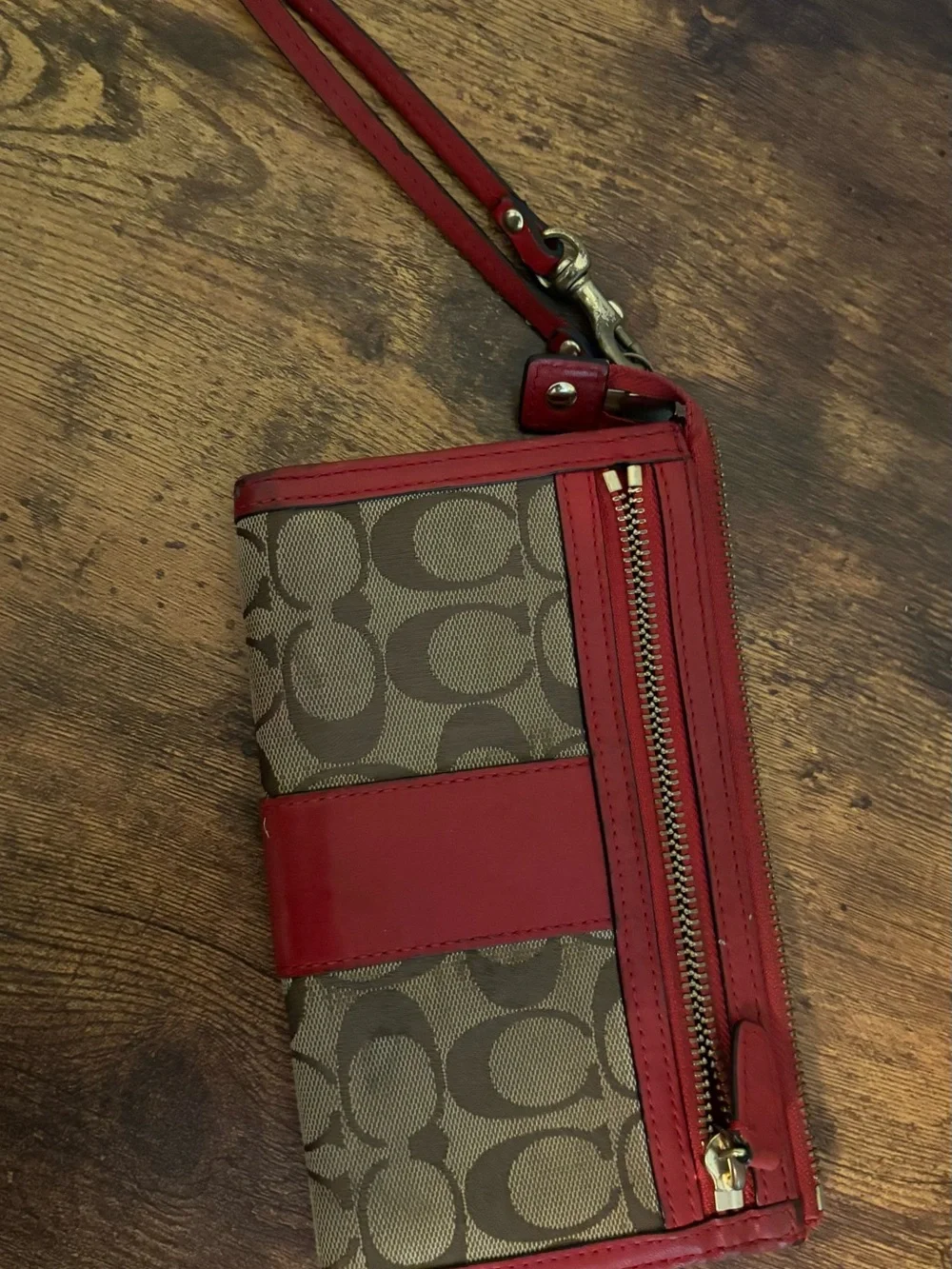 Coach Brown Signature Canvas Wristlet with Red Leather Trim